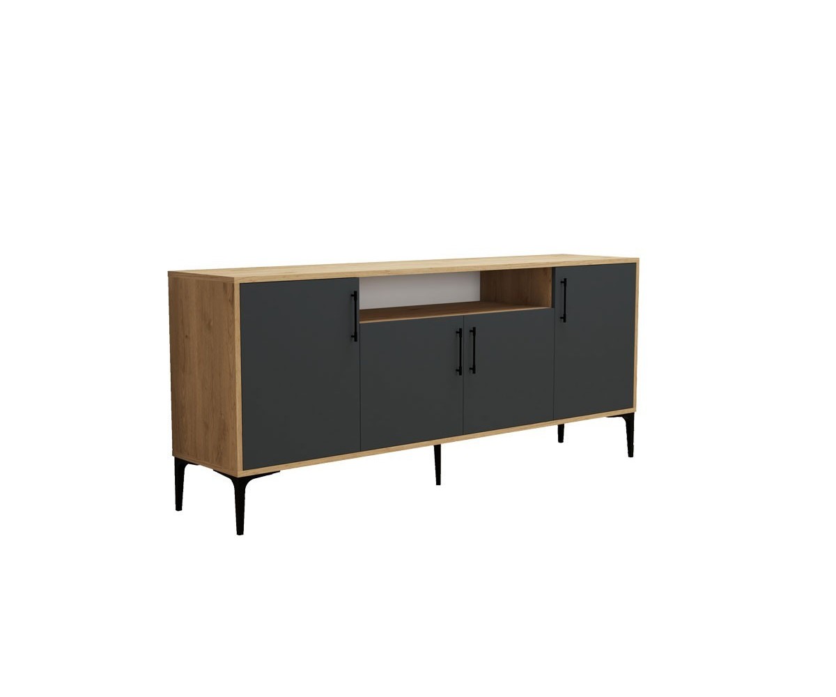 Buffet de Melamina Natural-Gris Oscuro-Negro - 180x40,5x78cm - Elegante Almacenamiento para Comedor