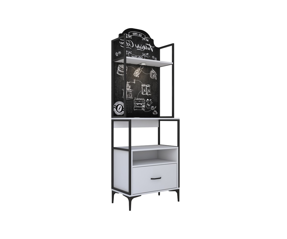 Buffet de Cocina con Estantes y Cajón en Melamina Blanca y Metal Negro, 70x40x205 cm, Ideal para Almacenamiento en Cocinas