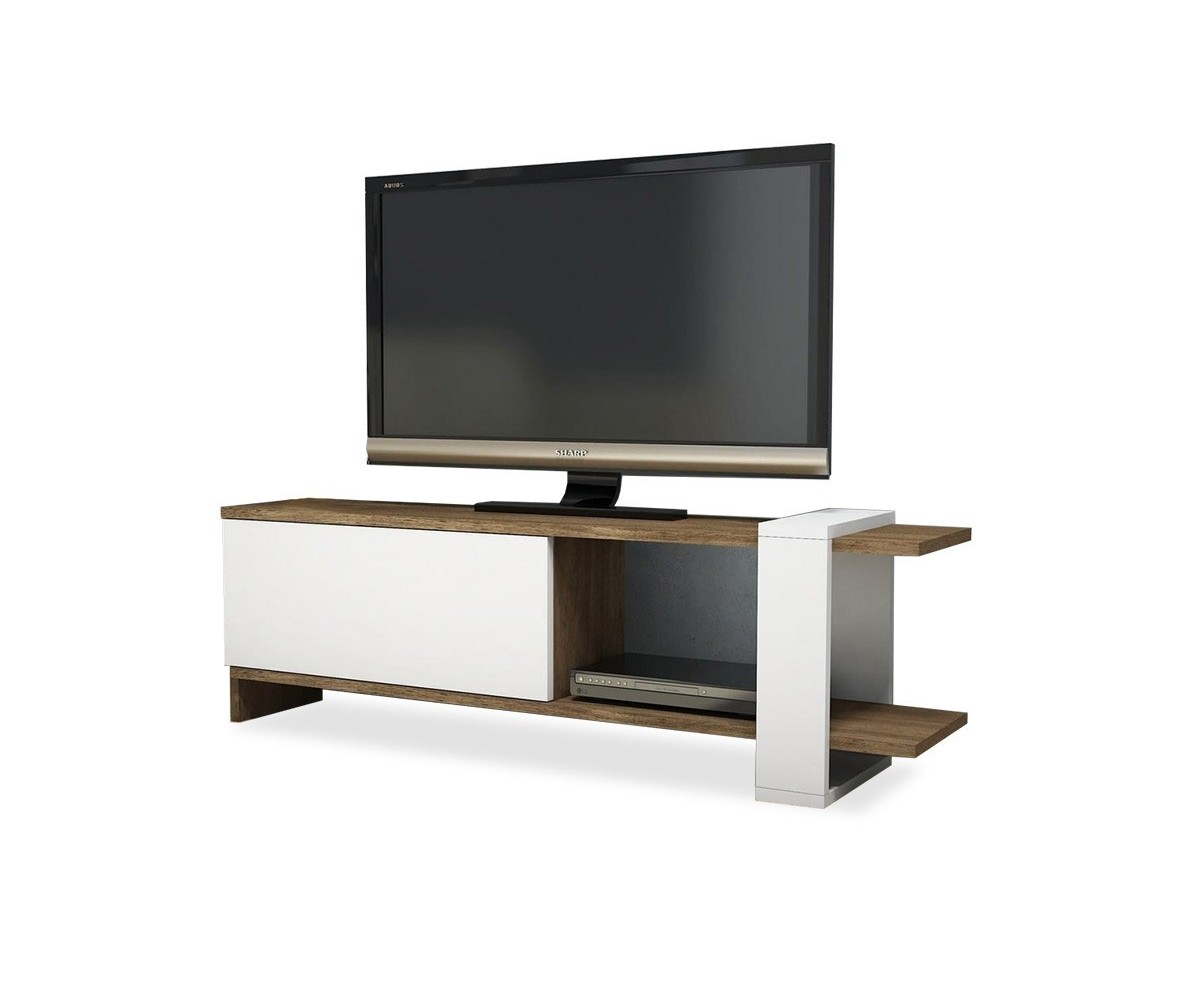 Mueble TV con Diseño Moderno, 1 Puerta y Estantes en Blanco-Nogal - 120x25x37cm: Funcionalidad y Estilo para tu Sala