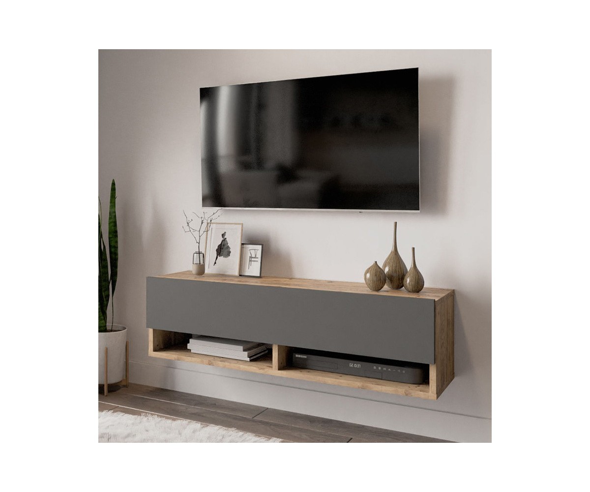 Mueble TV Moderno con 1 Puerta y Estantes en Melamina Color Antracita y Cambria - 100x31.5x29.6cm