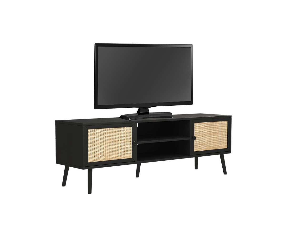 Mueble TV de Ratán en Color Negro-Natural 150x39x49 cm - 2 Puertas - Estilo y Durabilidad.