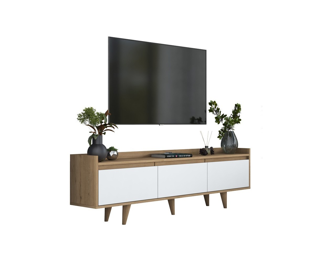 Mueble TV Nogal Melamina Puertas Blancas con Patas de Madera - 3 Puertas Abatibles - 180x29.7x51.8 cm - Elegancia y Espacio.