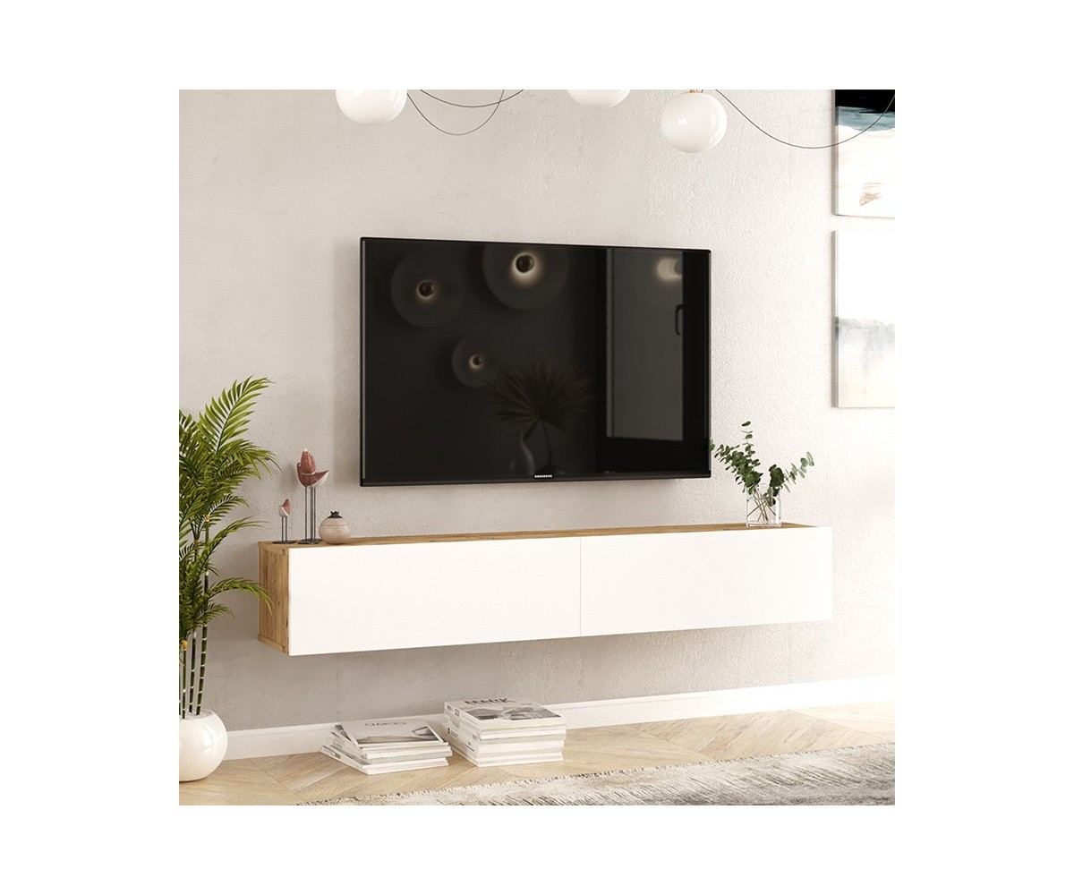 Mueble de TV de Pared moderno Blanco y Roble con 2 Cajones - 180x31.6x29.6 cm.