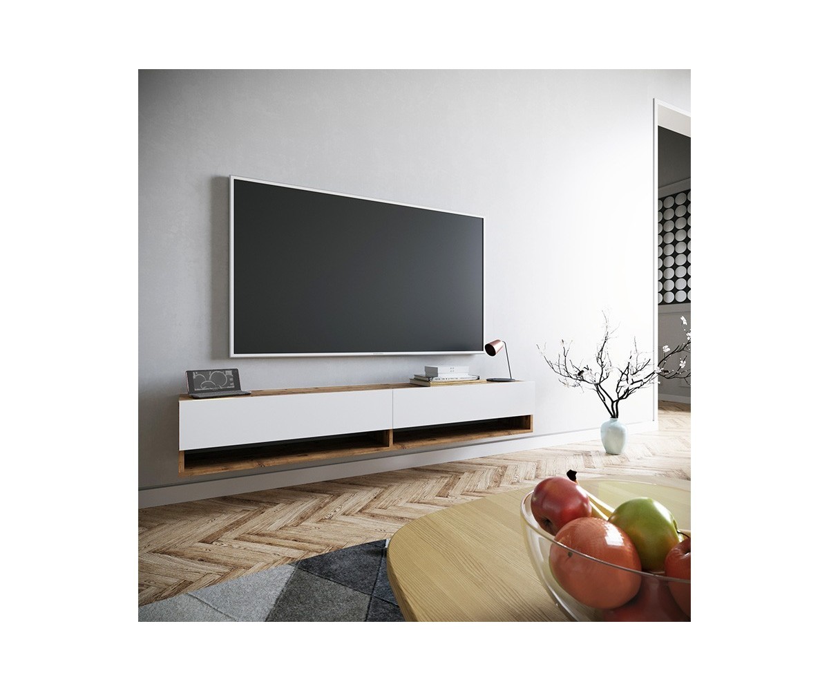 Mueble de TV de Pared Moderno Blanco-Roble - 180x31,5x29,5 cm - 2 Cajones y Estantes.