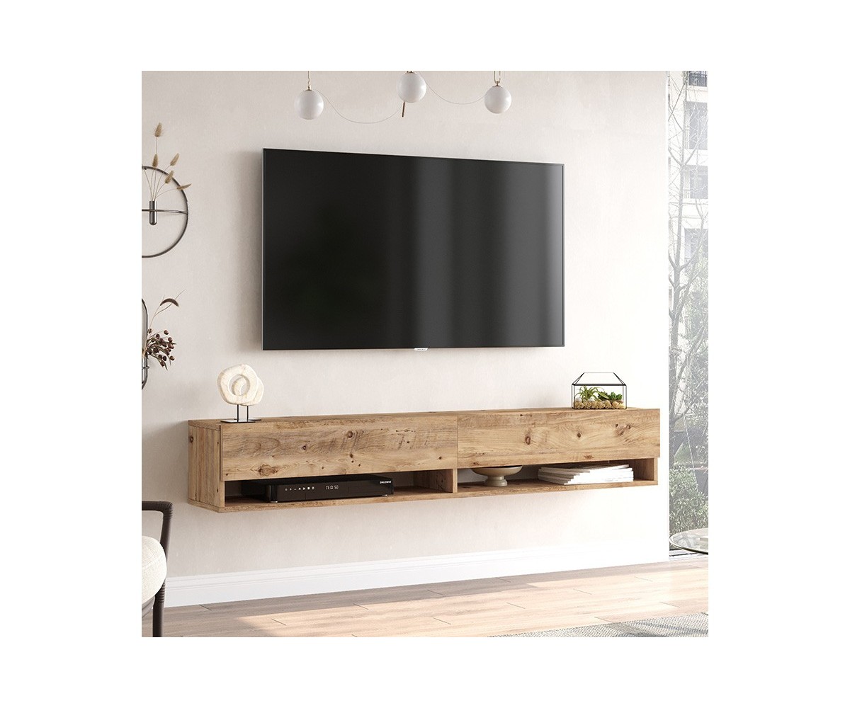 Mueble de TV de Pared Moderno Roble - 180x31,5x29,5 cm - 2 Cajones y Estantes.