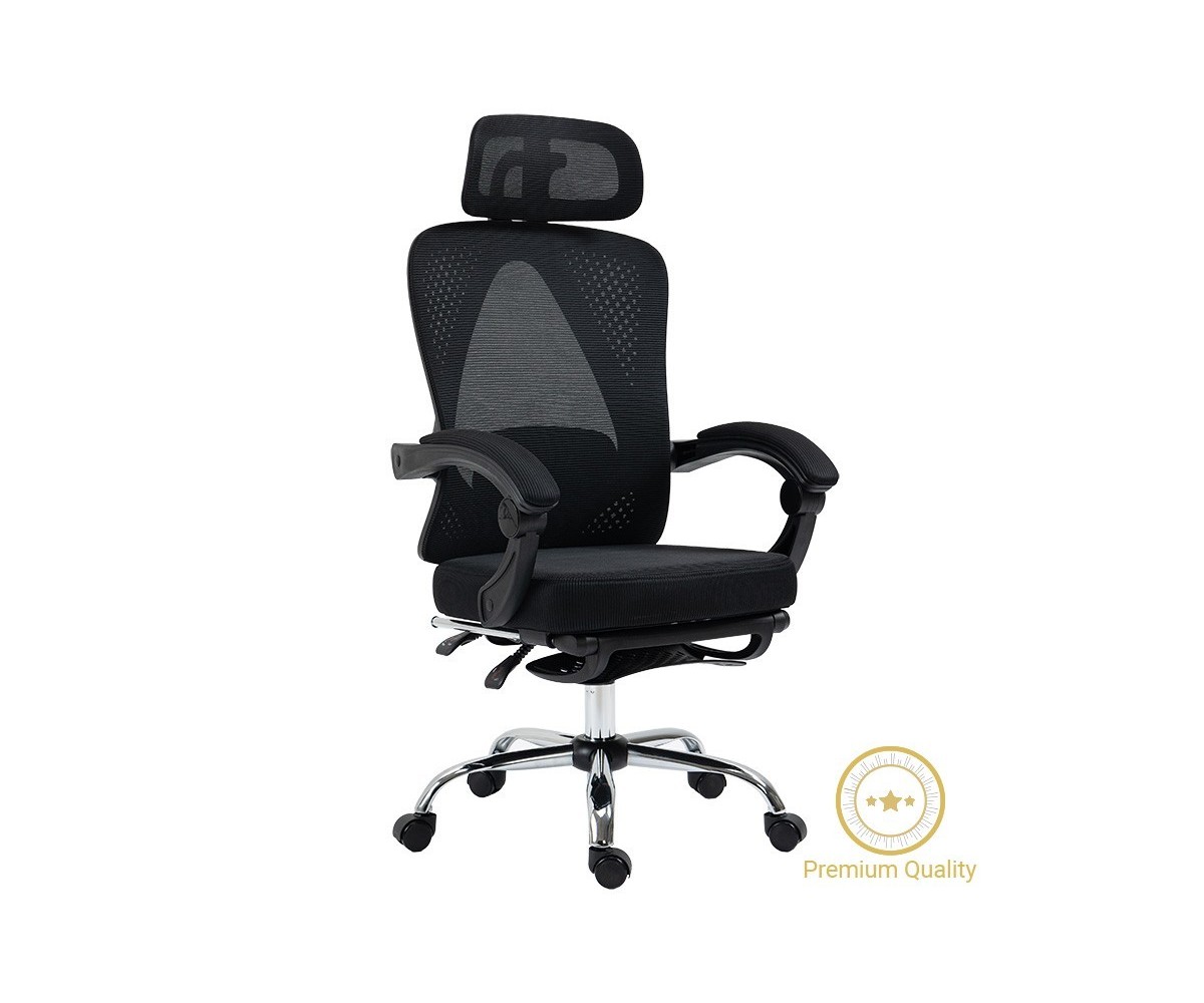 Silla de Oficina Manager con Reposapiés - Premium Quality Tela-Malla Negro - 124/114 x 58 x 62 cm.