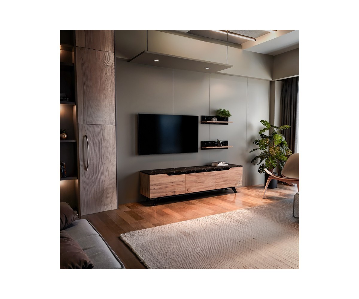 Mueble TV Completo en Melamina Color Roble y Negro, 180x35x48.5 cm, con 2 Estantes